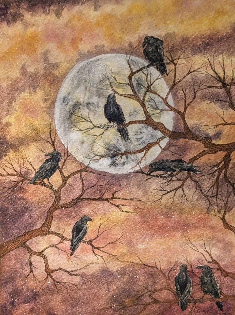 A painting of seven crows perched in bare tree branches against otherworldly clouds and a full moon. The composition suggests mystery and evokes a theme of secrets.