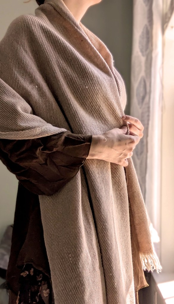 Writer Amanda Surowitz wrapped in a warm wool shawl, standing next to a window. The image brings to mind a sense of bright, peaceful thoughtfulness.