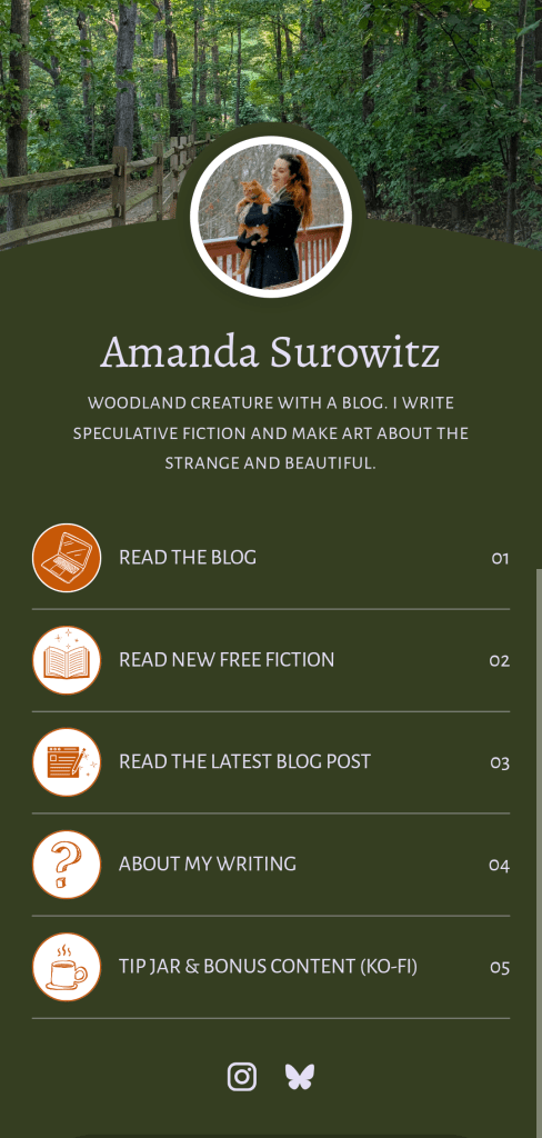 Screenshot of Amanda Surowitz's Bio Site, created with Unfold, showing a list of links directing people to specific website and blog pages.