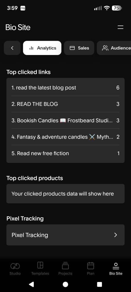 A screenshot of Unfold's limited Bio Site analytics, showing the top clicked links for a site.