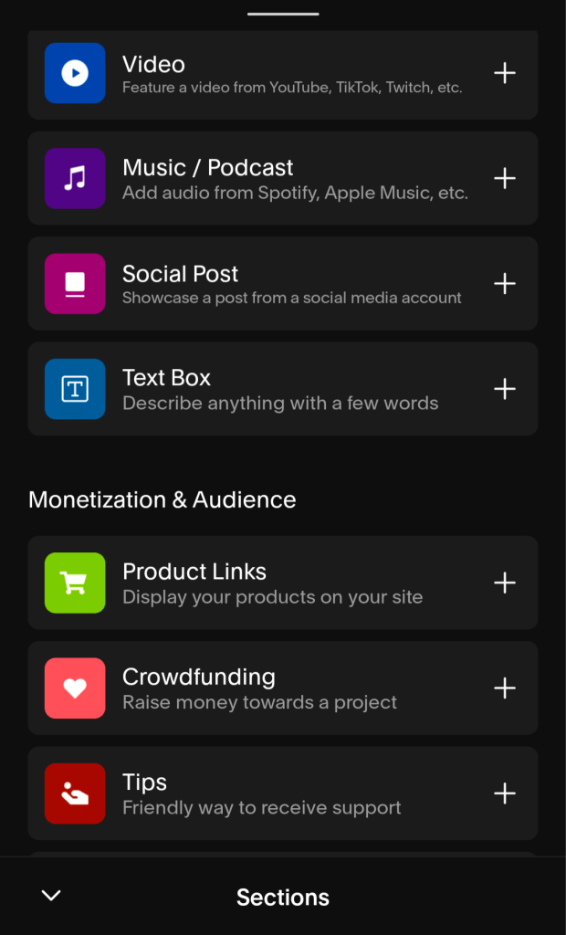 A screenshot of some of the content embeds available with Unfold's Bio Site tool, including audio, video, text, and monetization integrations.