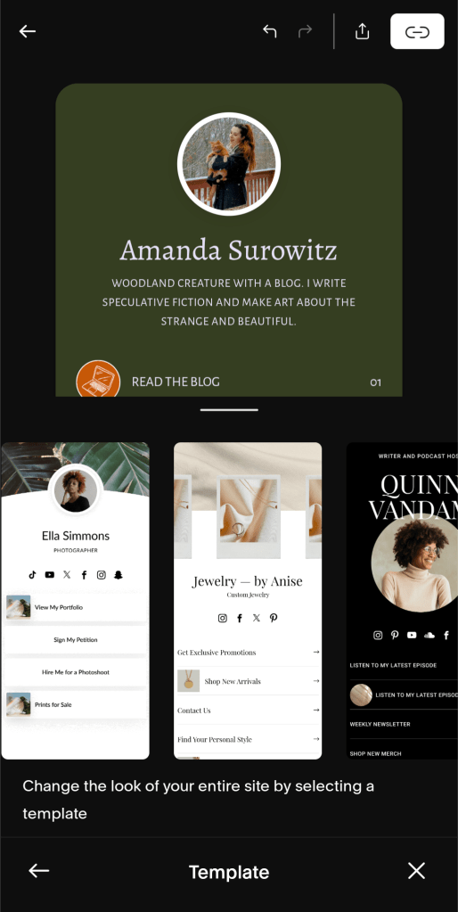 A screenshot of Unfold's Bio Site tool user interface, showing how different Bio Site template options are displayed.