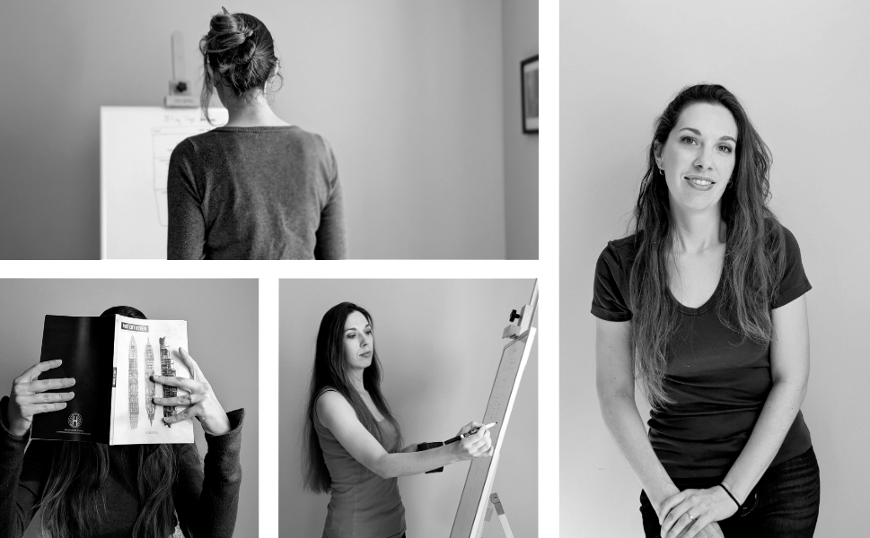 Mosaic of photos of writer Amanda Surowitz, showing her working at an easel, drawing on a whiteboard, reading a literary magazine, and smiling at the camera.